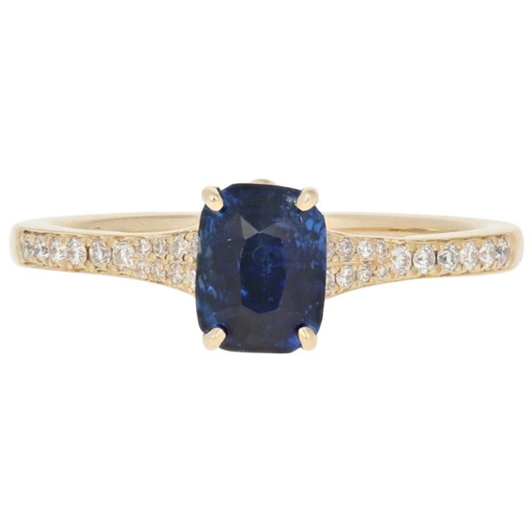 Yellow Gold Sapphire and Diamond Ring, 14 Karat Emerald Cut 1.22 Carat For Sale