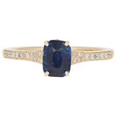 Yellow Gold Sapphire and Diamond Ring, 14 Karat Emerald Cut 1.22 Carat