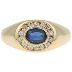 Vintage Yellow Gold Sapphire and Diamond Ring, 14 Karat Oval Cut 1.45 Carat Men's Halo