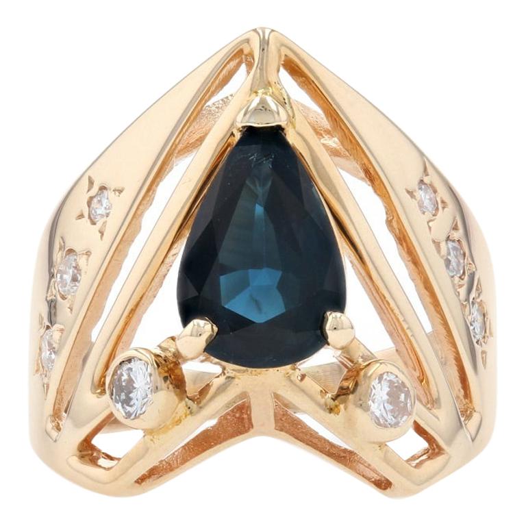 Yellow Gold Sapphire and Diamond Ring, 14 Karat Pear Brilliant Cut 2.30 Carat