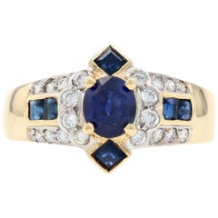 Vintage Yellow Gold Sapphire and Diamond Ring, 18 Karat Oval Brilliant 1.70 Carat
