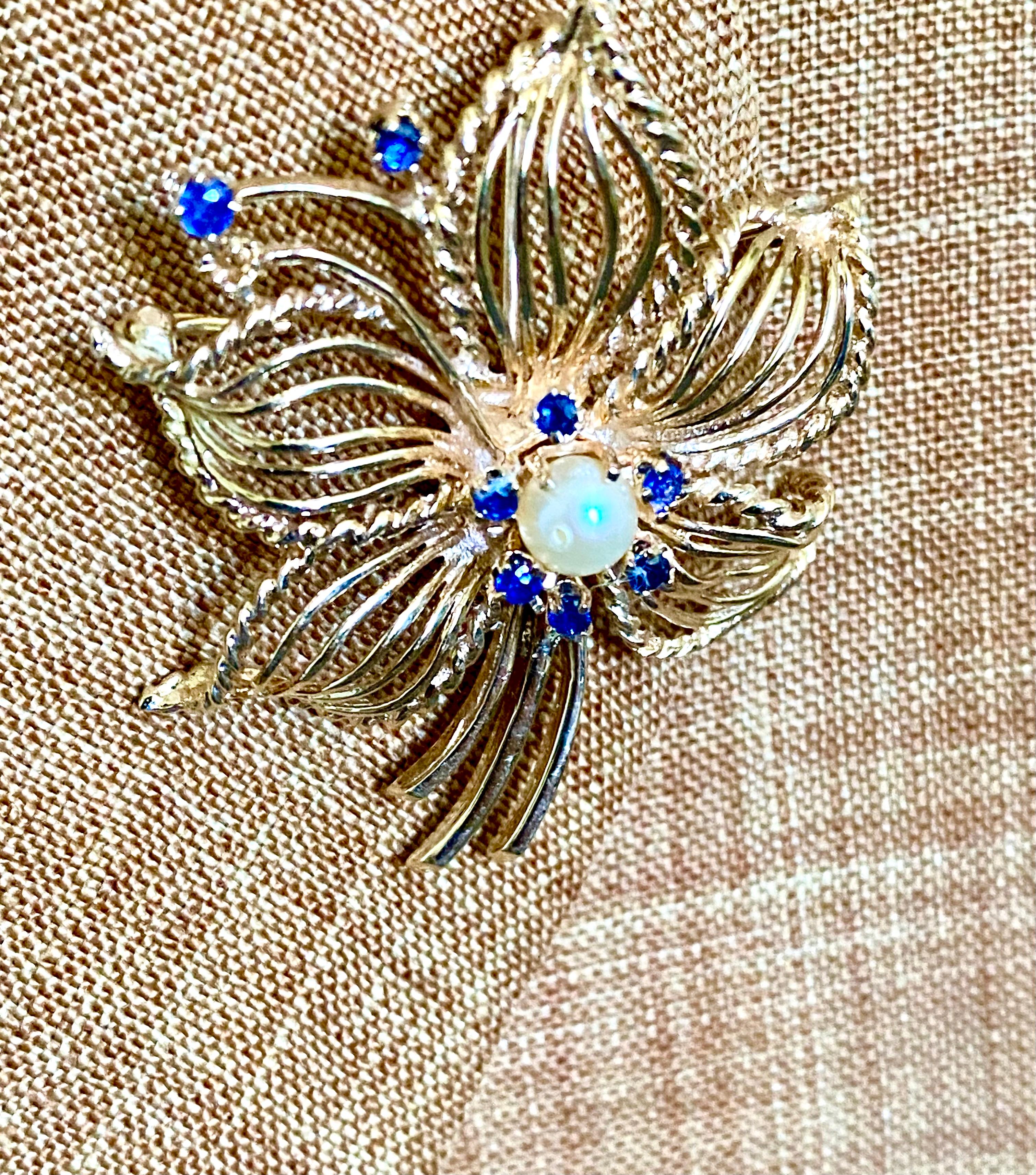Round Cut Yellow Gold Sapphire and Pearl Convertible Pendant Brooch, Circa 1940
