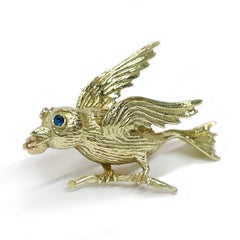 Yellow Gold Sapphire Bird Brooch Pin