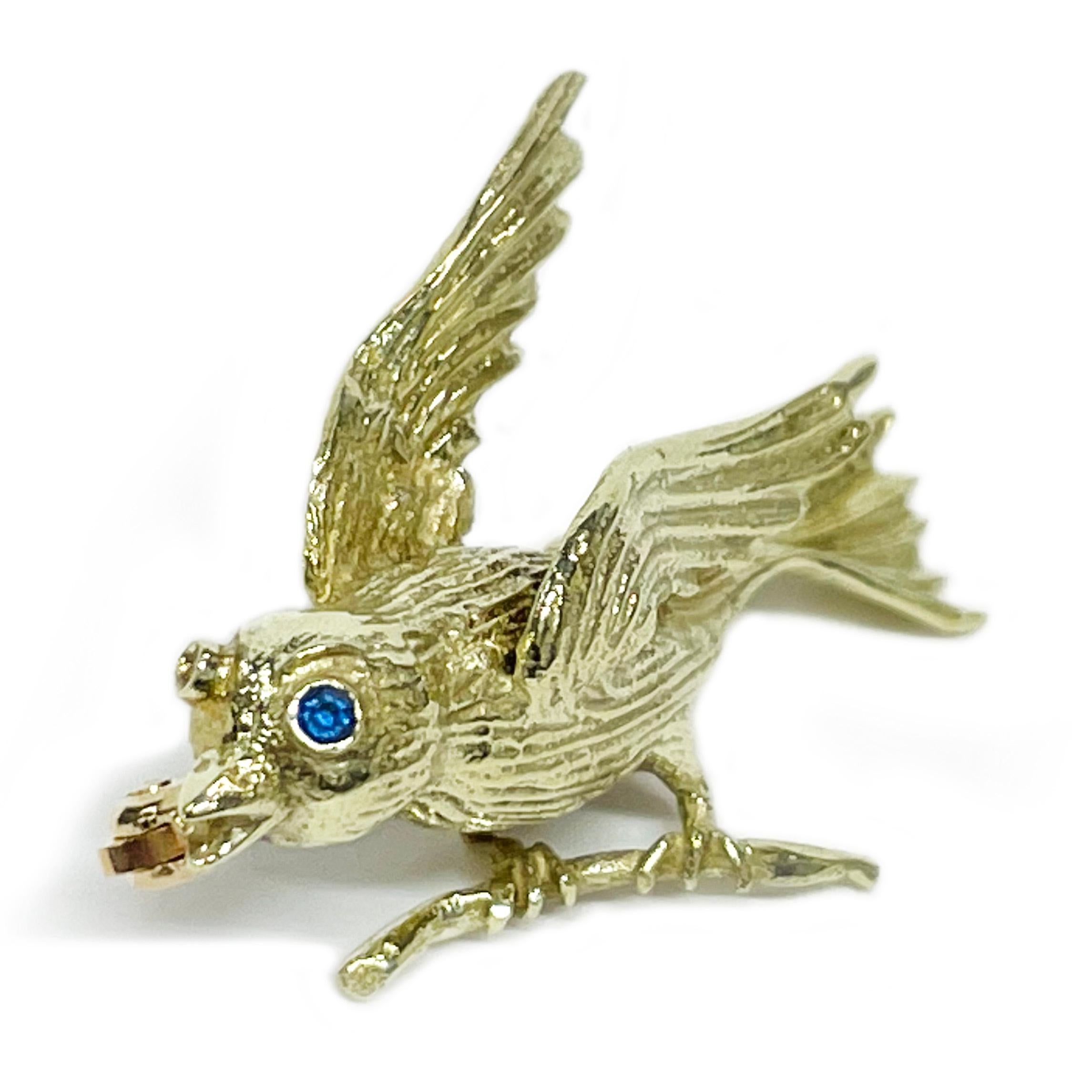 Contemporary Yellow Gold Sapphire Bird Brooch Pin For Sale