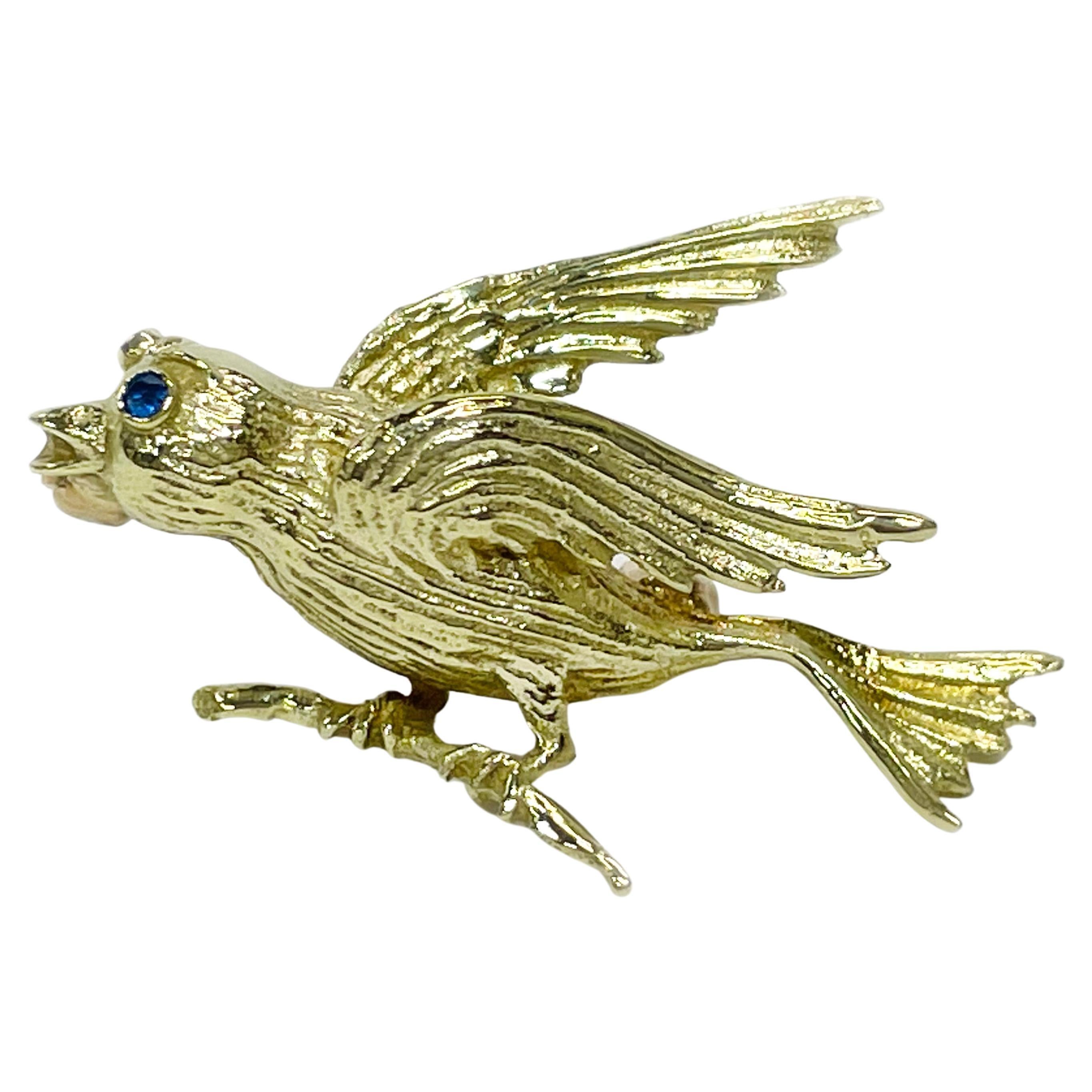Yellow Gold Sapphire Bird Brooch Pin For Sale