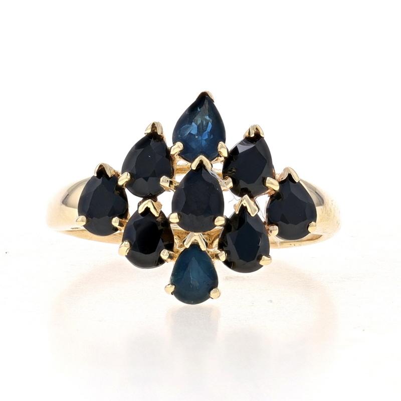Size: 5
Sizing Fee: Up 2 sizes for $30 or Down 1 1/2 sizes for $25

Metal Content: 10k Yellow Gold

Stone Information
Natural Sapphires
Treatment: Heating
Carat(s): 2.90ctw
Cut: Pear
Color: Blue

Total Carats: 2.90ctw

Style: Cluster