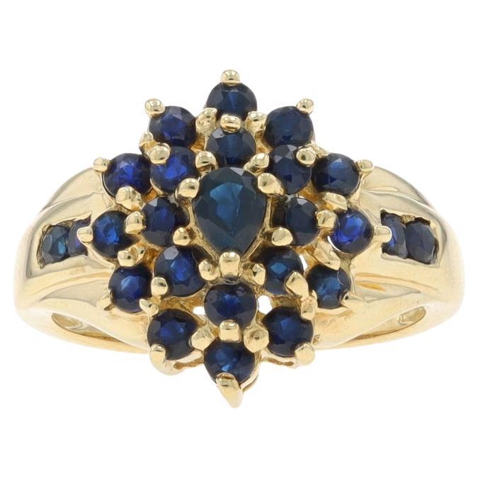 Yellow Gold Sapphire Cluster Cocktail Ring - 14k Pear & Round 1.53ctw Halo For Sale