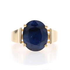 Yellow Gold Sapphire Cocktail Solitaire Ring - 14k Oval 5.97ct Cathedral