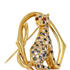 Yellow Gold Diamond Sapphire and Ruby Panther Brooch
