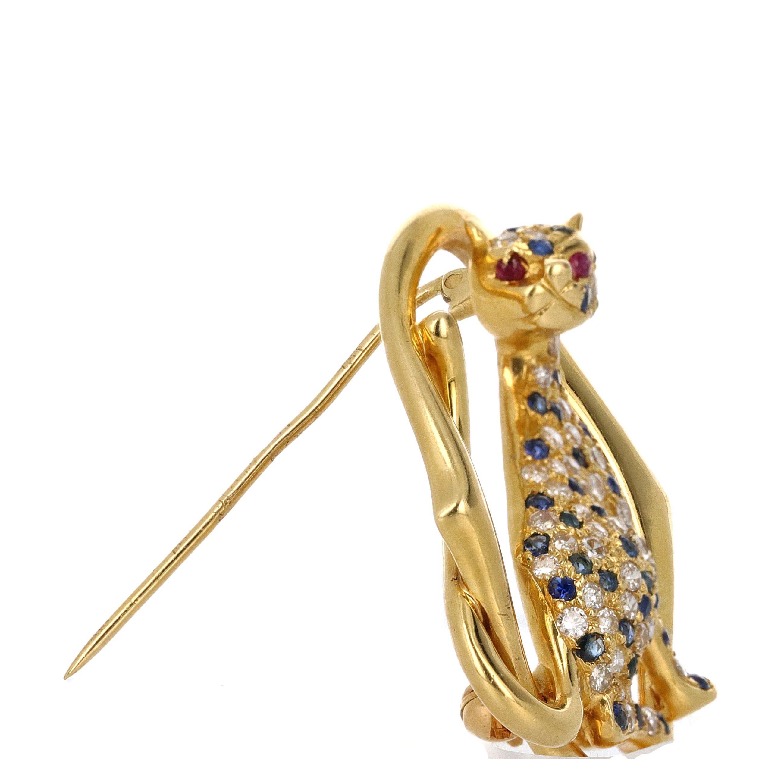 Modern Yellow Gold Diamond Sapphire and Ruby Panther Brooch For Sale