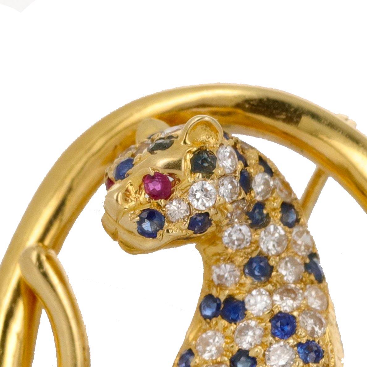 Round Cut Yellow Gold Diamond Sapphire and Ruby Panther Brooch For Sale