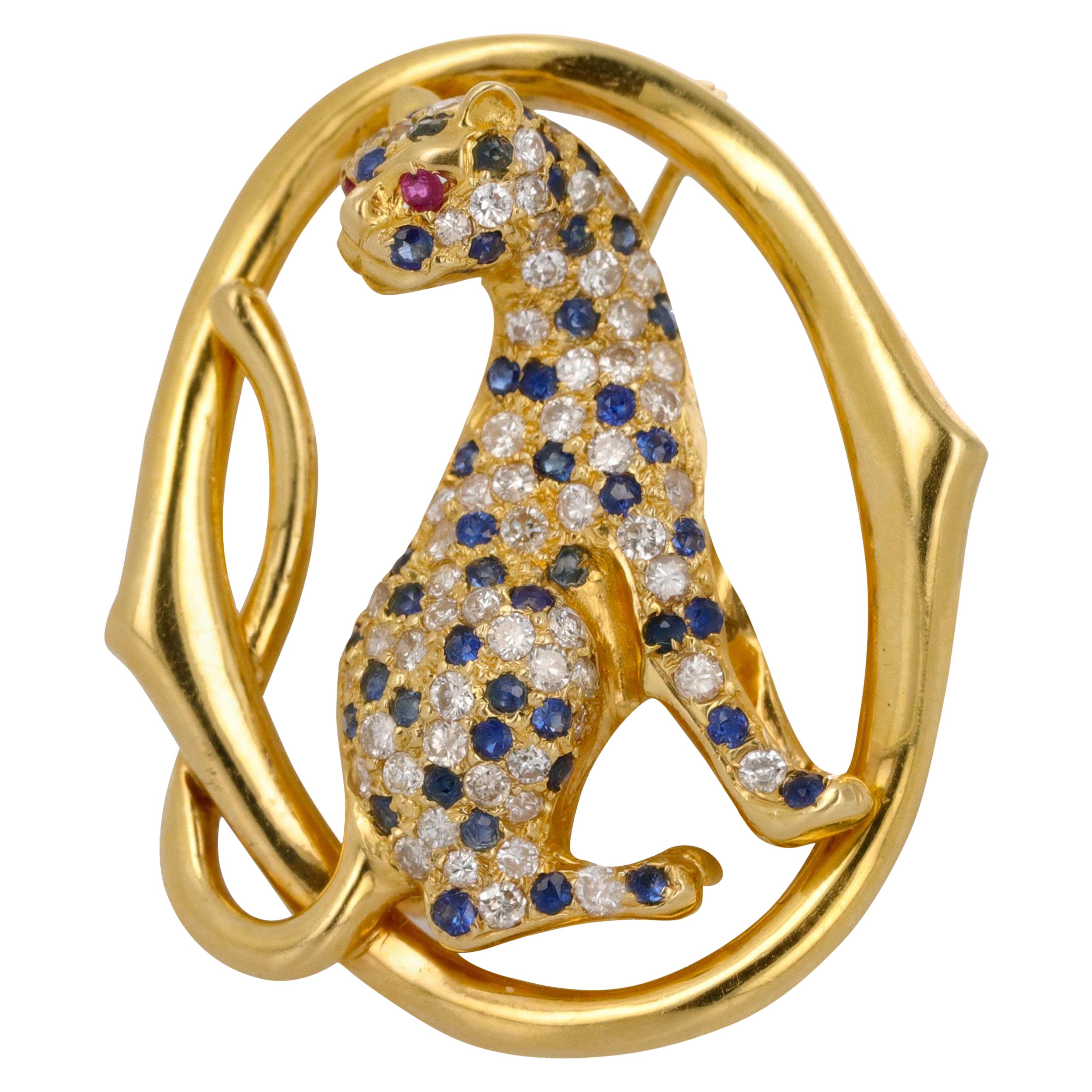 Yellow Gold Diamond Sapphire and Ruby Panther Brooch For Sale
