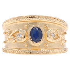 Yellow Gold Sapphire Diamond Band - 14k Oval .36ctw Rope Ring