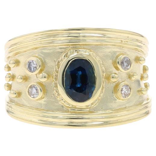 Yellow Gold Sapphire & Diamond Band - 18k Oval 1.25ctw Ring Sz 6 3/4 For Sale