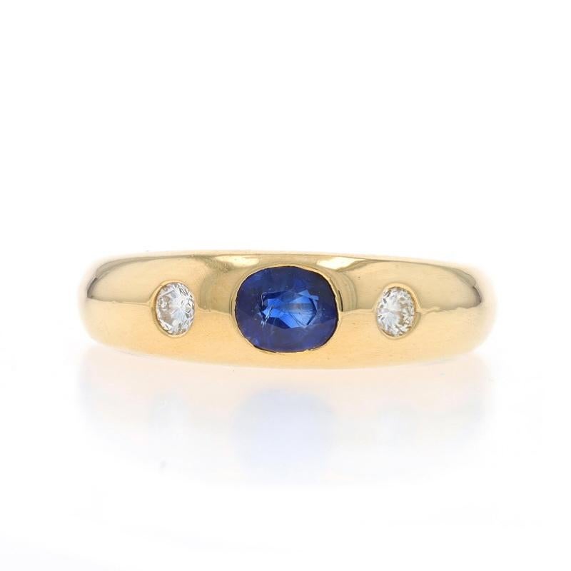 Size: 7
Sizing Fee: Up 1/2 a size for $40 or Down 1/2 a size for $40

Metal Content: 18k Yellow Gold

Stone Information

Natural Sapphire
Treatment: Heating
Carat(s): .74ct
Cut: Oval
Color: Blue

Natural Diamonds
Carat(s): .16ctw
Cut: Round