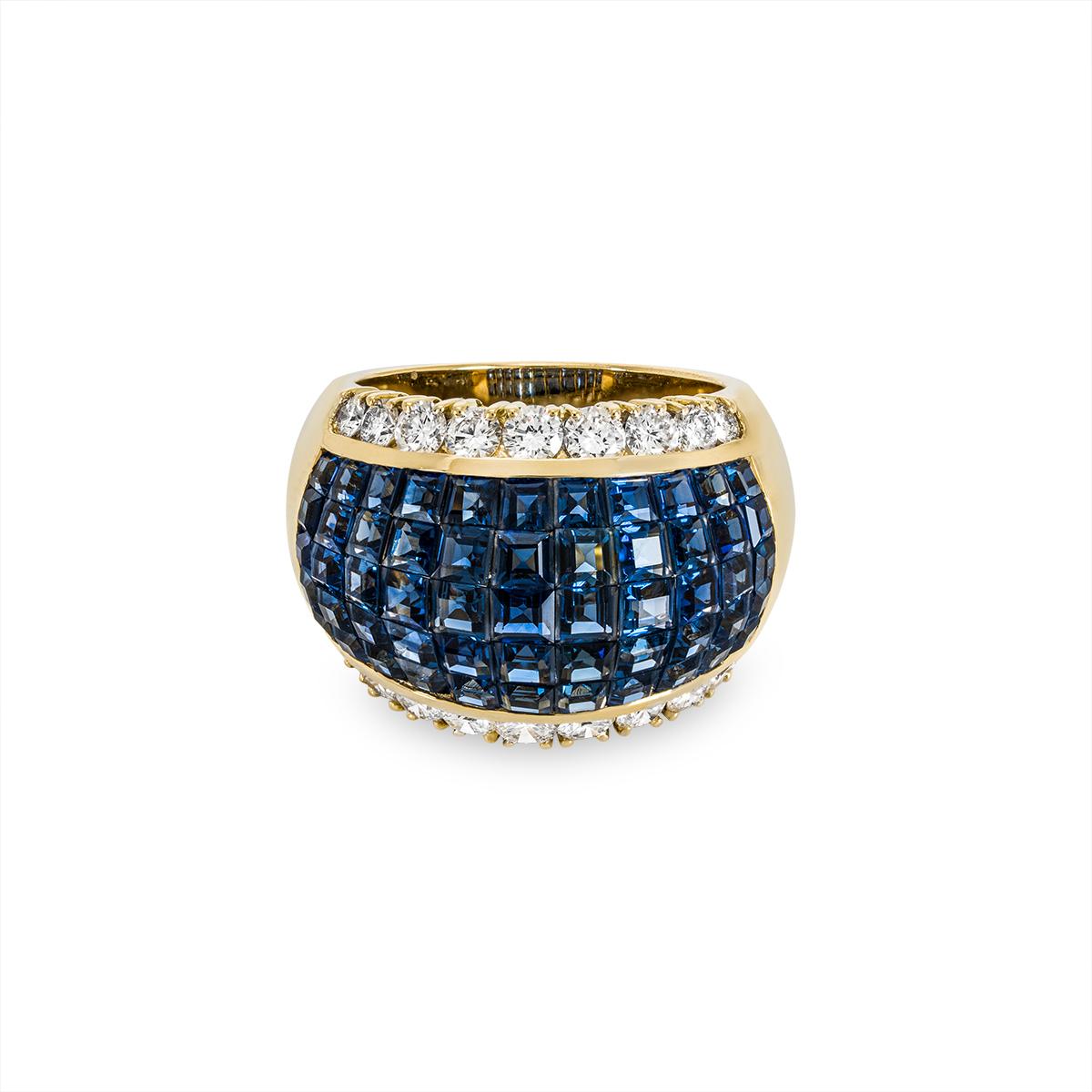 Round Cut Yellow Gold Sapphire & Diamond Bombe Ring