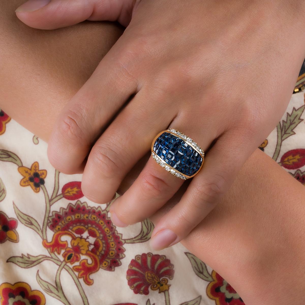 Women's or Men's Yellow Gold Sapphire & Diamond Bombe Ring