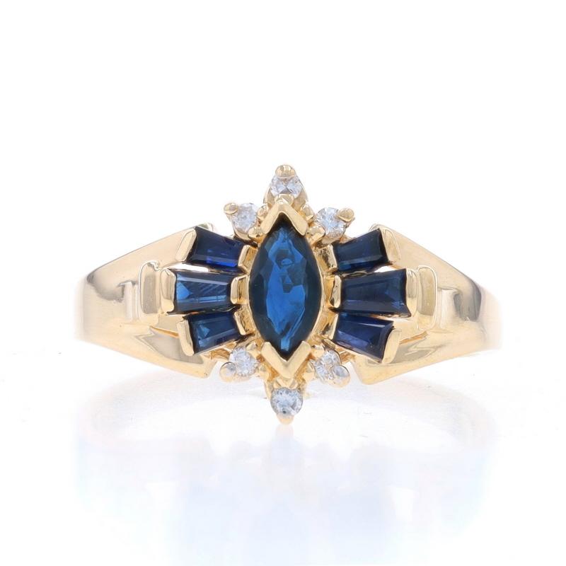 Size: 6 1/4
Sizing Fee: Up 3 sizes for $35 or Down 2 sizes for $35

Metal Content: 10k Yellow Gold & 10k White Gold

Stone Information

Natural Sapphires
Treatment: Heating
Carat(s): .67ctw
Cut: Marquise & Tapered Baguette
Color: Blue

Natural