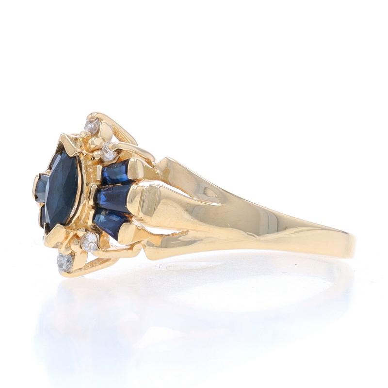 Gelbgold Saphir & Diamant Schleife Ring - 10k Marquise & spitz zulaufendes Baguette .73ctw im Zustand „Hervorragend“ im Angebot in Greensboro, NC