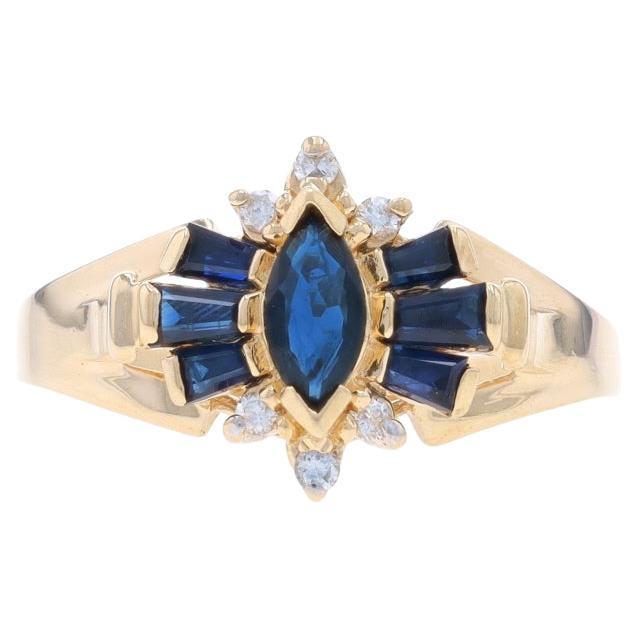 Gelbgold Saphir & Diamant Schleife Ring - 10k Marquise & spitz zulaufendes Baguette .73ctw im Angebot