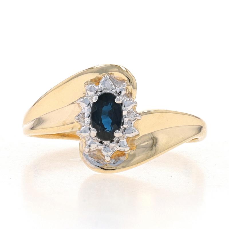 Size: 7
Sizing Fee: Up 2 sizes for $35 or Down 2 sizes for $30

Metal Content: 10k Yellow Gold & 10k White Gold

Stone Information
Natural Sapphire
Treatment: Heating
Carat(s): .35ct
Cut: Oval
Color: Blue

Natural Diamonds
Cut: Single
Stone Note: