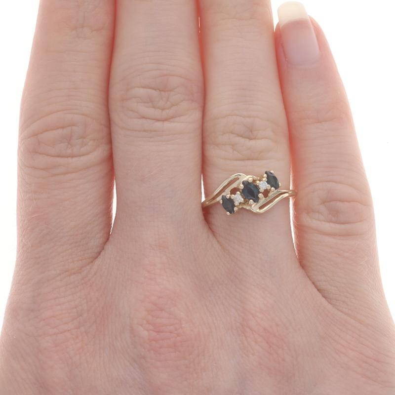 Marquise Cut Yellow Gold Sapphire Diamond Bypass Ring - 14k Marquise .43ctw Three-Stone For Sale