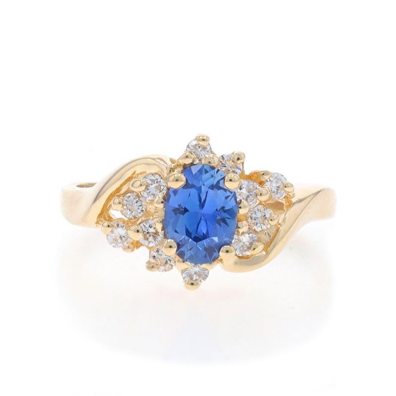Size: 7
Sizing Fee: Up 3 sizes for $35 or Down 2 sizes for $35

Metal Content: 14k Yellow Gold

Stone Information

Natural Sapphire
Treatment: Heating
Carat(s): .77ct (weighed)
Cut: Oval
Color: Blue

Natural Diamonds
Carat(s): .33ctw
Cut: Round