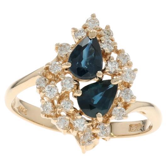 Yellow Gold Sapphire Diamond Bypass Ring - 14k Pear 1.30ctw Two-Stone For Sale