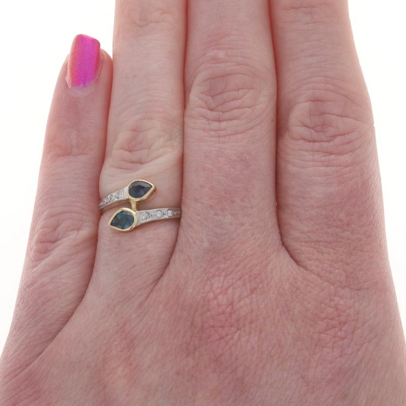 Pear Cut Yellow Gold Sapphire Diamond Bypass Ring - 18k Pear .64ctw Two-Stone For Sale