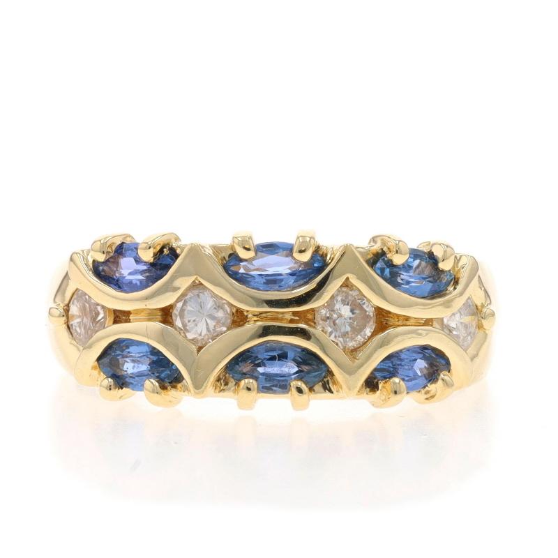 Size: 7
Sizing Fee: Up 1/2 a size for $30 or Down 1/2 a size for $30

Metal Content: 10k Yellow Gold

Stone Information

Natural Sapphires
Treatment: Heating
Carat(s): .78ctw
Cut: Marquise
Color: Blue

Natural Diamonds
Carat(s): .24ctw
Cut: Round