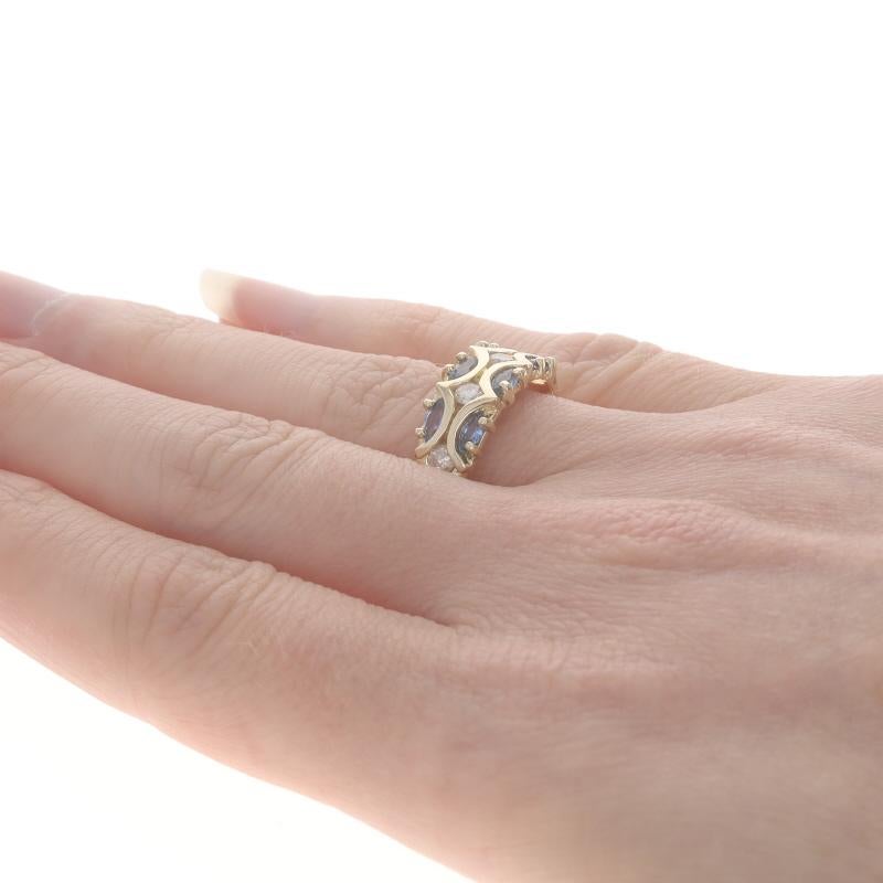 Women's Yellow Gold Sapphire & Diamond Cluster Band - 10k Marquise 1.02ctw Scallop Ring For Sale