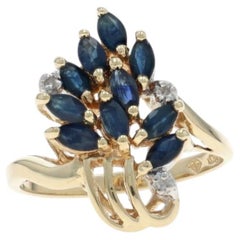 Yellow Gold Sapphire Diamond Cluster Cocktail Bypass Ring - 10k Marquise .83ctw