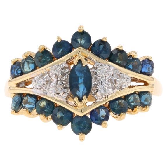 Yellow Gold Sapphire Diamond Cluster Cocktail Ring -14k Marquise & Round 1.89ctw
