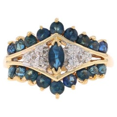 Yellow Gold Sapphire Diamond Cluster Cocktail Ring -14k Marquise & Round 1.89ctw