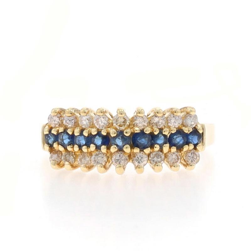 Size: 8
Sizing Fee: Up 3 sizes for $35 or Down 2 sizes for $35

Metal Content: 14k Yellow Gold

Stone Information

Natural Sapphires
Treatment: Heating
Carat(s): .45ctw
Cut: Round
Color: Blue

Natural Diamonds
Carat(s): .32ctw
Cut: Round