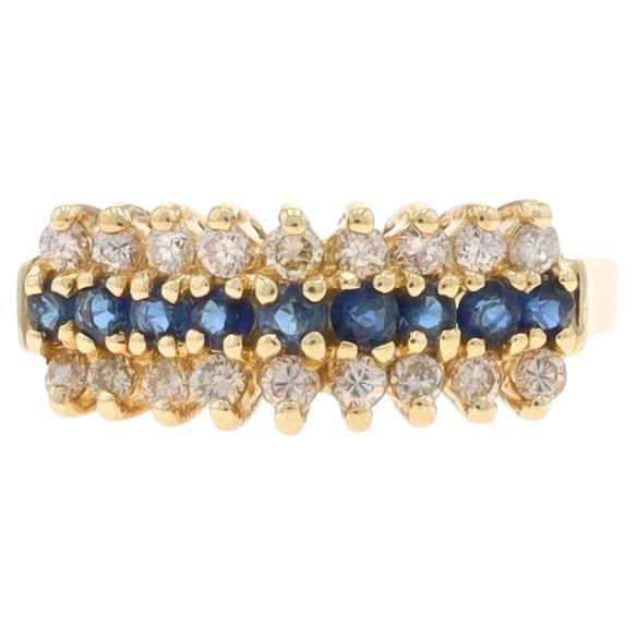 Yellow Gold Sapphire Diamond Cluster Cocktail Ring -14k Rnd .77ctw Stripe Tiered For Sale