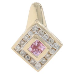 Yellow Gold Sapphire Diamond Cluster Halo Pendant - 14k Square .52ctw