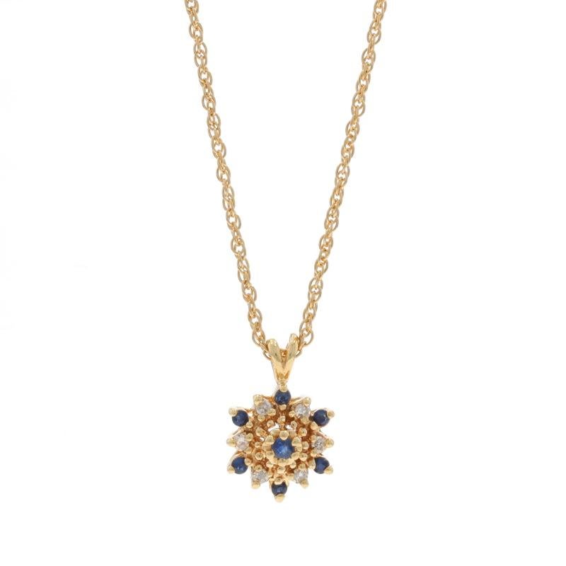 Metal Content: 14k Yellow Gold

Stone Information

Natural Sapphires
Treatment: Heating
Carat(s): .14ctw
Cut: Round

Natural Diamonds
Carat(s): .06ctw
Cut: Single
Color: G - H
Clarity: VS1 - VS2

Total Carats: .20ctw

Style: Cluster
Chain Style: