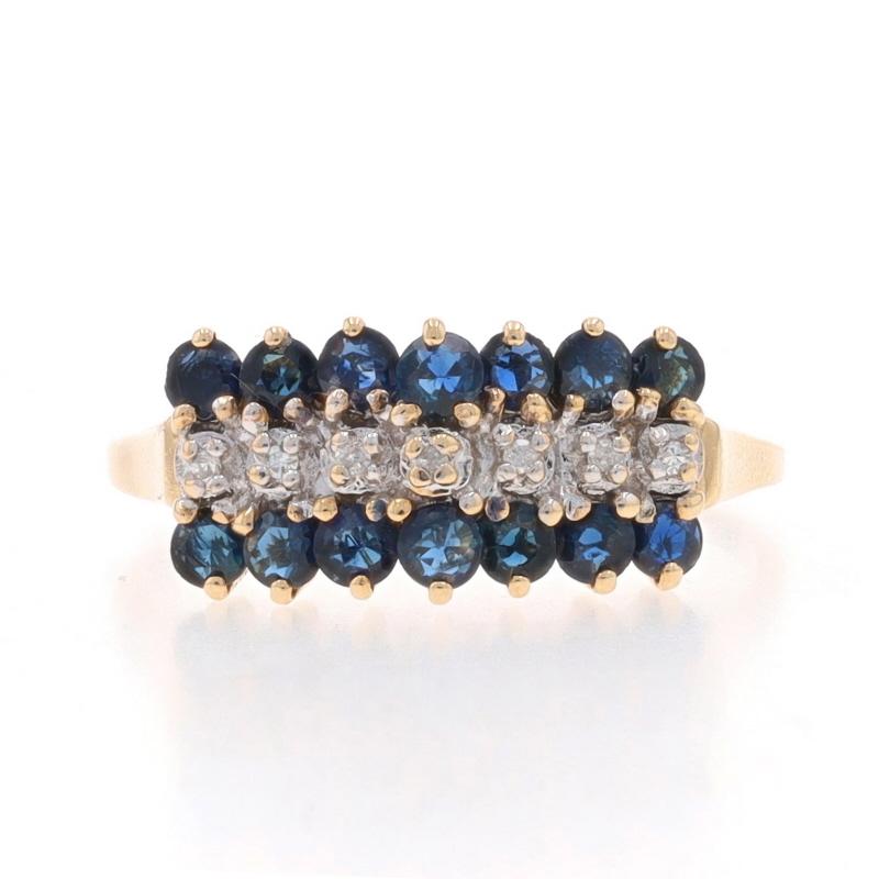 Size: 8 1/4
Sizing Fee: Up 3 sizes for $25 or Down 2 1/2 sizes for $25

Metal Content: 10k Yellow Gold & 10k White Gold

Stone Information

Natural Sapphires
Treatment: Heating
Carat(s): 1.40ctw
Cut: Round
Color: Blue

Natural Diamonds
Carat(s):
