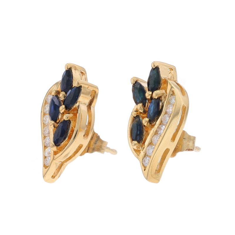 Marquise Cut Yellow Gold Sapphire Diamond Cluster Stud Earrings 14k Marq 1.24ctw Leaf Spray