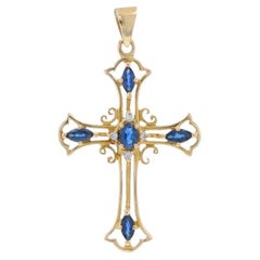 Ciondolo a croce in oro giallo con zaffiro e diamante - 18k Marquise & Oval .95ctw Faith