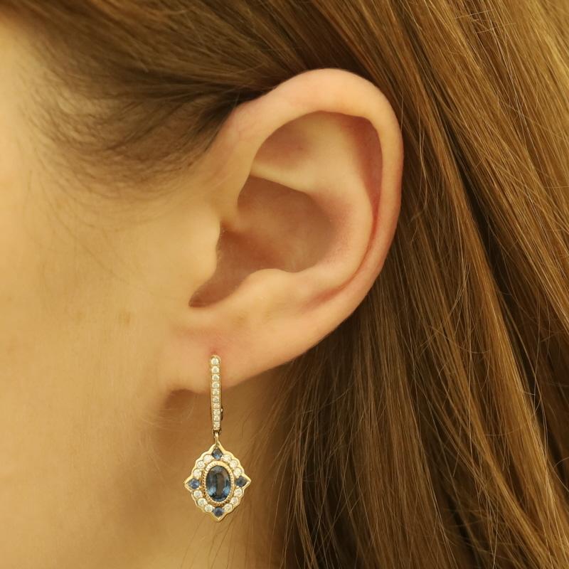 Taille ronde Boucles d'oreilles pendantes en or jaune saphir diamant - 14k Ovale et rond 1.72ctw Pierce en vente