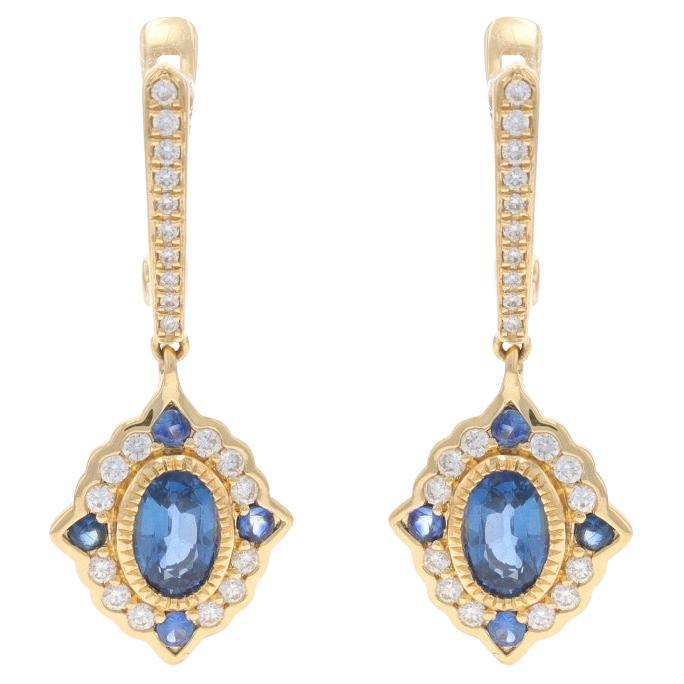 Yellow Gold Sapphire Diamond Dangle Earrings - 14k Oval and Round 1.72ctw Pierce