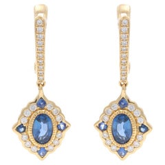 Ohrhänger aus Gelbgold mit Saphiren und Diamanten - 14k Oval und runder 1,72 ctw Pierce