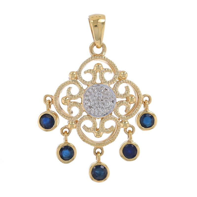 Metal Content: 14k Yellow Gold & 14k White Gold

Stone Information

Natural Sapphires
Treatment: Heating
Carat(s): .75ctw
Cut: Round
Color: Blue

Natural Diamonds
Cut: Single
Stone Note: (three small accents)

Total Carats: .75ctw

Style: