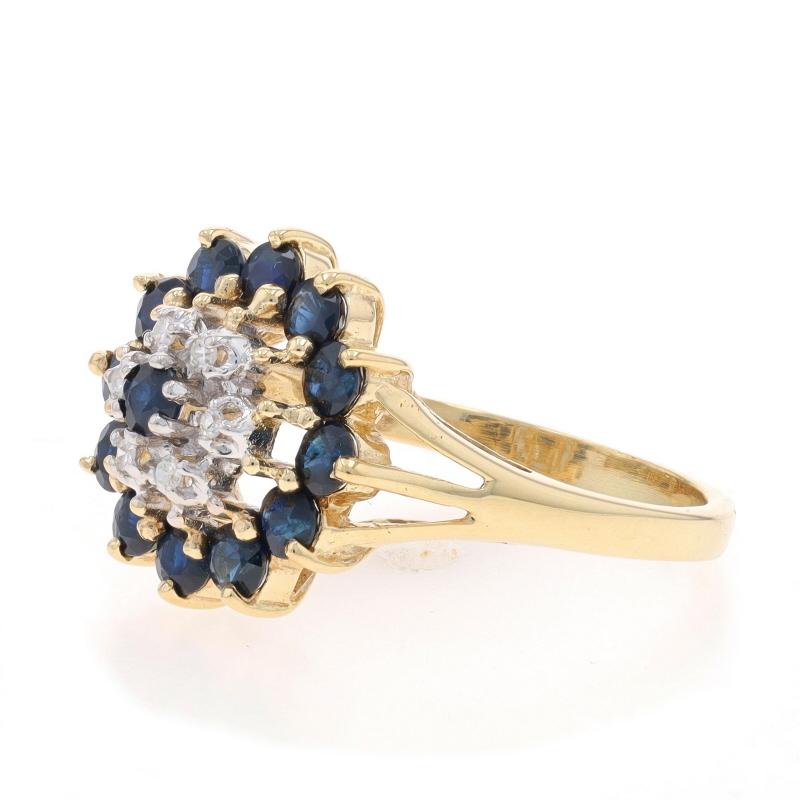 Gelbgold Saphir & Diamant Double Halo Cocktail-Ring 10k Rnd 1,58 Karat geblümt im Zustand „Hervorragend“ in Greensboro, NC