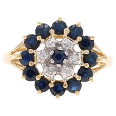 Gelbgold Saphir & Diamant Double Halo Cocktail-Ring 10k Rnd 1,58 Karat geblümt