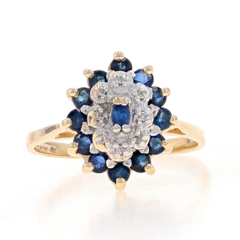 Size: 8 1/4
Sizing Fee: Up 2 sizes for $25 or Down 2 sizes for $25

Metal Content: 10k Yellow Gold & 10k White Gold

Stone Information
Natural Sapphires
Treatment: Heating
Carat(s): 1.00ctw
Cut: Marquise & Round
Color: Blue

Natural