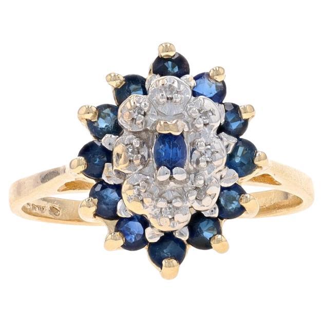 Yellow Gold Sapphire & Diamond Double Halo Ring - 10k Marq & Rnd 1.05ctw Tiered For Sale