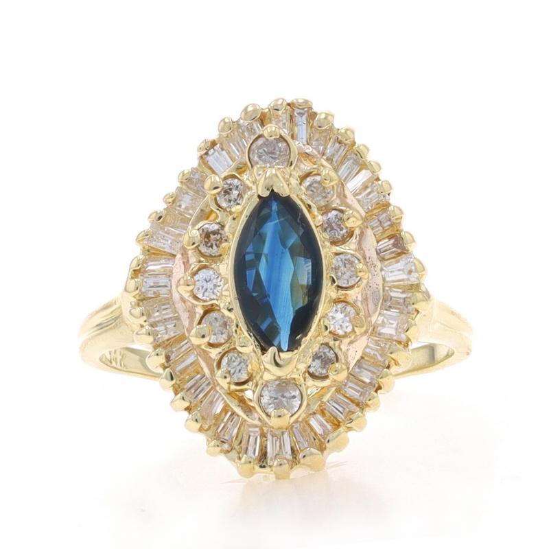 Size: 7
Sizing Fee: Up 3 sizes for $35 or Down 2 sizes for $35

Metal Content: 14k Yellow Gold

Stone Information

Natural Sapphire
Treatment: Heating
Carat(s): .75ct
Cut: Marquise
Color: Blue

Natural Diamonds
Carat(s): .60ctw
Cut: Round Brilliant